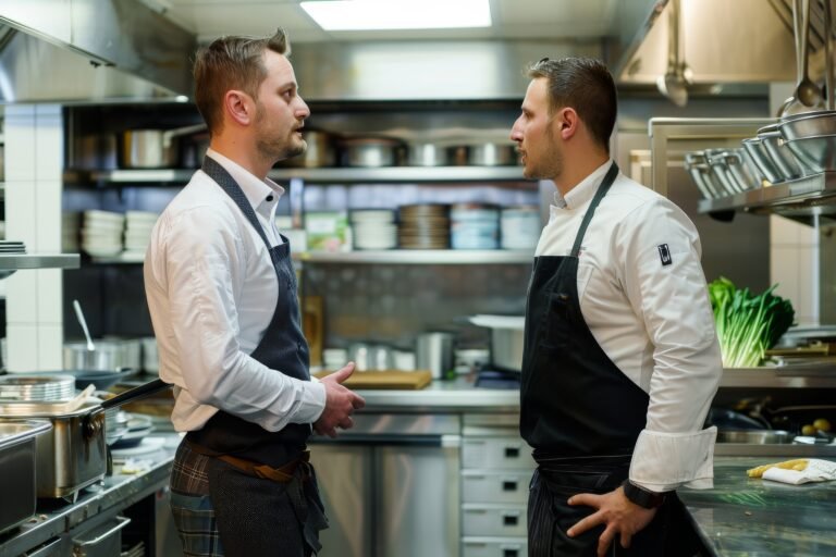Gestor e chef conversam na cozinha de um restaurante